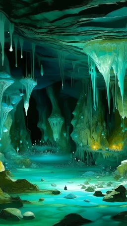 A greenish blue cavern with crystals and gems designed in Lascaux cave paintings painted by Jeffrey Kolker