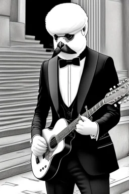 One single mature budgerigar wearing tuxedo, playing guitar in the street , Vienna, mourning, model style, hyper realistic, extremely accurate, delicate, extremely detailed, Graphic novel style, wide-angle, open aperture, superfine pencil