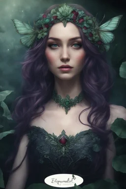 Dark burgundy red hair, elven crown, roses emerald, Water lilies, long hair,lotus ,night, Fairy princess rapunzel hair ,queen crown, dragonflies fireflies ,elven tiara ,flowers, fairy wings, gothic, red ,fairy crown,butterflies