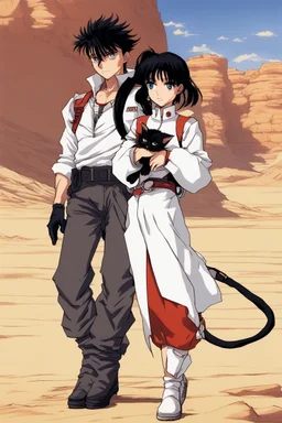 Meryl Stryfe Trigun young girl short black hair anime white clothes standing in the desert with a cat in her arms