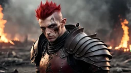 A male elf, 40 years old, 187, tall athletic build, golden yellow eyes, dark red hair, mohawk hairstyle, black leather armor, stands in a post-apocalyptic burning environment, in leather armor, multiple scars, skin red,