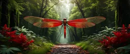 High-end hyperrealism epic red dragonfly logo text written ARD, inspired cinematic photography, symmetry forest alley background, Aesthetic combination of sage green and walnut and honey red, Vintage style with brown pure leather accents, Art Nouveau visuals with Octane Render 3D tech, Ultra-High-Definition (UHD) cinematic character rendering, Detailed close-ups capturing intricate beauty, Aim for hyper-detailed 8K