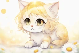 cute chibi daisy cat in sunshine, watercolor and black ink outlines, sparkling golden glitter, ethereal, cinematic postprocessing, bokeh, dof