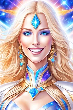 cosmic woman smile, admiral from the future, one fine whole face, crystalline skin, expressive blue eyes,rainbow, smiling lips, very nice smile, costume pleiadian, Beautiful tall woman pleiadian Galactic commander, ship, perfect datailed golden galactic suit, high rank, long blond hair, hand whit five perfect detailed finger, amazing big blue eyes, smilling mouth, high drfinition lips, cosmic happiness, bright colors, blue, pink, gold, jewels, realist, high commander