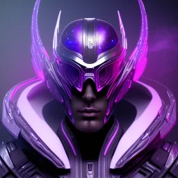 futuristic purple masked villain in galaxy, teal and purple smoke, detailed, realistic, 4k