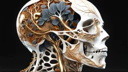 3D rendering of Expressively detailed and intricate of a hyperrealistic “human anatomy”: side view, scientific, single object, glossy white, shinning gold, vines, tribalism, black background, shamanism, cosmic fractals, octane render, 8k post-production, detailled metalic bones, dendritic, artstation: award-winning: professional portrait: atmospheric: commanding: fantastical: clarity: 16k: ultra quality: striking: brilliance: stunning colors: amazing depth