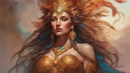 The beautiful goddess of love. concept art, mid shot, intricately detailed, color depth, dramatic, 2/3 face angle, side light, colorful background. Painted by Julie Bell