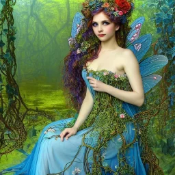 a closeup of a fairy wearing a dress of vines and flowers sitting near a cerulean reflective lake, artwork, Flickr, 8 k, detailed matte, fine-detailed, high-quality, in the style of George Grie, Anne Dittman, Anne Stokes, Lisa Parker, Selina French, alphonse mucha