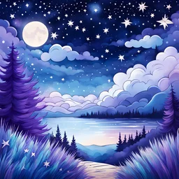imagine a starry night sky filled with whimsical elements like shooting stars, and fluffy clouds. Create a design that captures the magic of a dreamy night, leaving room for coloring the sky in calming blues and purples while adding a touch of enchantment to the celestial elements.