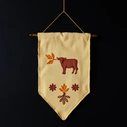 an autumn colored textured cloth hanging with embroidered ornamental leaves and cattle, pointed bottom, on dark background