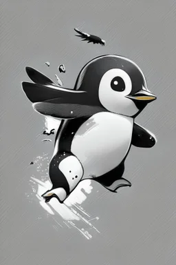 chibi penguin flying style black and white