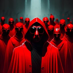 a creepy cult of shrouded in onyx skin tight LYCRA masks, hoods and suits with a sinister priest in red sunglasses and clothing standing in front of them motioning for you to follow them