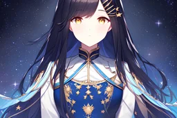A beautifully detailed artwork of one women with a dreamy demeanour, featuring long black hair with stars as hair clips, sparkly golden eyes, The women is wearing a detailed dress of delicate fabric, adorned with patterns and accessories. close-up. light blue, white, starry night sky