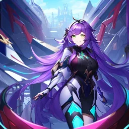 Clear focus,High resolution,High quality, Smiling, Purple long fluffy hair, Green eyes, Wearing a pink mech uniform, Honkai Impact Star Rail