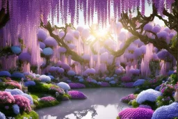 a magical crystal flower lys bougainvillier,pink hydrangeas, pink wisteria, blue gold house crystal castle in the woods, magnolias pink,blue lake,sun,white swanns,pink vertical, blue lake,sharp, vines, candlelit, endor, ornate, elegant, highly detailed, artstation, concept art, smooth, sharp focus, illustration, 8k, splash art, wallpaper, key visual