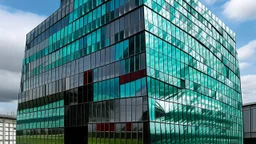 Mirrored steel and smoked glass scales forming a building that appears to shift colors depending on the angle.
