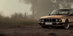 an abandoned 1990 bmw rust 2-door overgrown by nature with dust ,ultra realistic,concept, 4k ,on street,8k resolution, high-quality, fine-detail, parked in crowded city winter