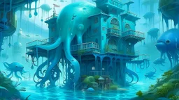 A blue underwater squid themed hospital painted by Zhang Lu