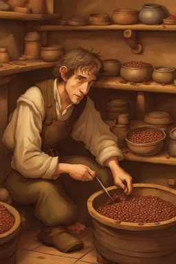 In the bustling inn, the lively hobbit worked tirelessly behind the counter. Though small in stature like all of his kind, he performed his duties with great skill and care. When weighing the beans, his large hairy feet moved deftly. His eyes, often wide with childlike wonder, keenly examined each bean. Into the grinder they went, ground to just the right texture - neither too fine nor too coarse. Under his fingers, the machine sang a steady song as the shots were pulled. The crema