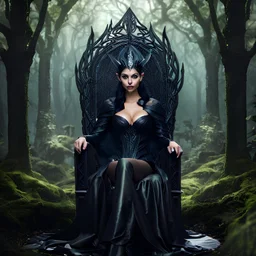 Morena Baccarin as a beautiful sexy dark elf queen seated elegantly on a throne in a mystical forest, dark celtic vignette frame, photo-realistic, cinematic lighting, award-winning photography