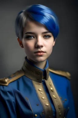 jeune femme 18 ans, petite, cheveux bleu dans une tenue militaire d'impératrice de style impérial