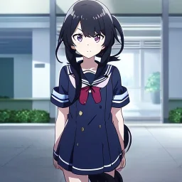 Clear focus, High resolution, short black fluffy hair, long locks, chopped bangs, pony tail, purple eyes, wearing a sailor uniform, (solo), anime screencap, pixel