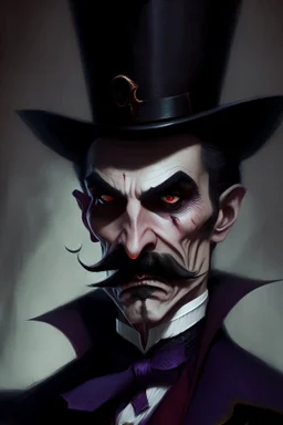 Strahd von Zarovich with a handlebar mustache wearing a top hat with a sinister sneer
