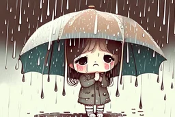 cute sad chibi girl crying in the rain under an umbrella