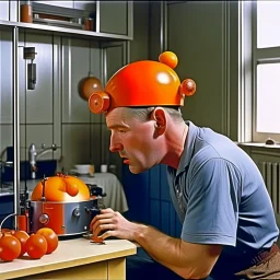 Vintage situational absurd photograph of a man with an Orange for a head pulling a lever on a strange retro-futurist kitchen contraption, by Joel-Peter Witkin, absurd, weird, 8MM film still that looks aged and damaged