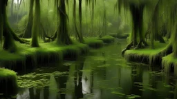 A bayou with moss-draped trees, silent except for the chorus of frogs and crickets.