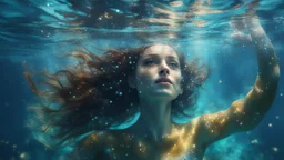 woman underwater, beautiful eyes, dancing underwater, scales, double exposure, glare, sparkles, clear lines, detail, fine rendering, high resolution, 64K, photorealism, precise focus, digital painting,