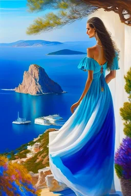 A tall, slender and very beautiful girl who looks at me. Her dress is of amazing colors, from blue to white.in the background is the Greek island of Samos.