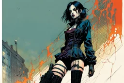 Create and fine print full body illustration of a Goth Girl with finely lined and detailed facial features in a ragged gothic dress, fishnet stockings ,battered combat boots, , in the graphic novel style of Bill Sienkiewicz, and Jean Giraud Moebius, precisely drawn, colored and inked