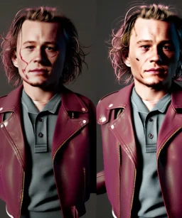 Heath ledger toddler, full body, sneaker, leather jacket, floral shirt, soft skin, dramatic lighting, hyper realistic