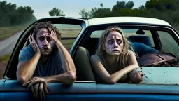 In car picture of man and crying lady sit in front seat of broken down jetta on side of the road