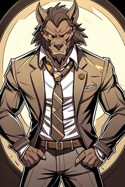 Buff, anthro, wolf, himbo, black fur, gold eyes, wearing a suit, full-body, muscles, strong, muscular, man boobs, bulky, tail, dark fur, smug grin, hands on hips, furry-himbo, broad shoulders, wide hips,