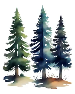 2 isolated spruce/pine trees with ground shadow, stylized graphic with watercolor