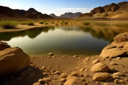 lagoon, rocks, distant mountains, arid land, desert, pond, rocks, epic