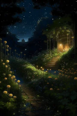 generate me an image of luxurious gardens with tall overflowing foliage and beautiful flowers at night with fireflies