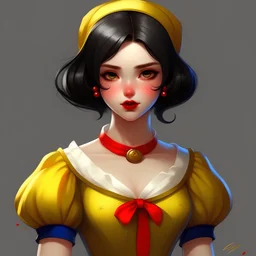 Snow White is depicted as a kind and gentle princess with a sweet demeanor. She has a pale complexion, rosy cheeks, and large, expressive eyes. Snow White's hair is jet black and styled in a bob cut with a red ribbon headband. Her outfit consists of a high-collared, puff-sleeved yellow dress with a blue bodice adorned with red and yellow puffed sleeves. The dress is cinched at the waist with a red ribbon, and she wears yellow shoes with a bow.