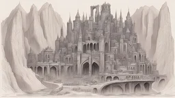 A dwarven city in the style of Expressionism. The city is located underground, inside an enormous cave. A river flows through the city with a bustling port in the outskirts of the city. In the center of the city stands a dwarven fortress, exuding an aura of power and opulence, with imposing columns and elaborate iron pillars adorning its facade. Birds eye view.