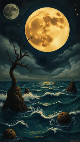 Hieronymus Bosch style nightmares moons on the ocean