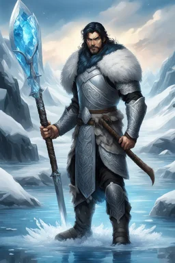 1 mana warrior, with blue eyes and black hair man in silver Viking armor with fur around the neck with blue crystal on his chest , standing in water in the artic, holding a ice axe, warrior in anime style,