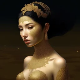 (Masterpiece1:5) By( Stinkfish:Natalie Shau:1.5) (highest quality) (ultradetailed:1.5),bright Foreground with (gold sparkles floating Intricately through the painting:1.5),attractive and content black haired woman 😇, the beach with snoot lighting is the defining light source,gold dress melting into the sand 😅),dreamlike, (surreal:0.5) beach with soft sand, High contrasts, vibrant colors, flawless Composition,Soft Lighting Create Depth Of Field. accentuates the beauty of the