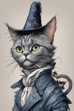 create a wild caricature of an aged, ornately dressed , sorceress Russian Blue cat, highly detailed with refined feline features in the cartoon caricature style of Gerald Scarfe and Ralph Steadman precisely drawn, boldly inked, vividly colored, 4k