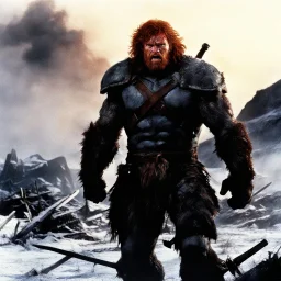[photo from The Thing (1982)] once a flourishing field, now reduced to burned ruins, fumes of death hung heavy in the air. Amidst the devastation, an enraged redhead Barbarian, a towering figure of wrath and fury, thundered across the desolate landscape. His eyes blazed with a primal rage as he sprinted towards a lone white paladin, clad in chrome steel plate armor, a beacon of light amidst the darkness. The Barbarian faces the paladin.