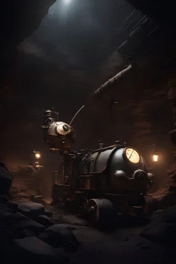 Pokémon in a coal mine, steampunk style, low angle, low and subdued light dark atmosphere