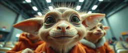 extreme close up on cheeky fluffy weasel goblin alien hockey fan news anchor elf family scumbag in the style of Escher and Giger and Fallout 4, pinhole cam, airbrush 3d rendering, on tv screen:A five-second cinematic single take in a clean industrial presentation hall.