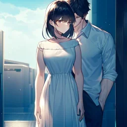 anime couple with day on one side night on the other, stormy night on one half, sunny day on the other half,ballancing scale, couple is standing back to back, female is wearing white dress