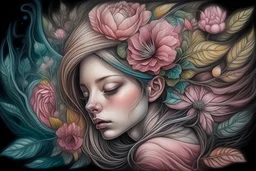 surrealist chalk drawing of a art Nuevo girl wrapped in life inside a flower made out of dreams high resolution fine detailed textures fine detailed colors